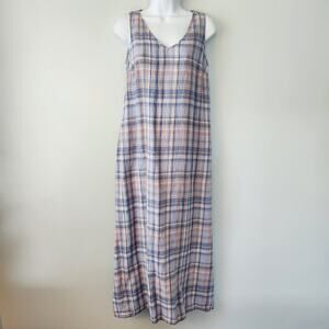 J Jill Love Linen Dress Womens XS Linen Plaid Maxi Blue Pink Coastal Cottagecore